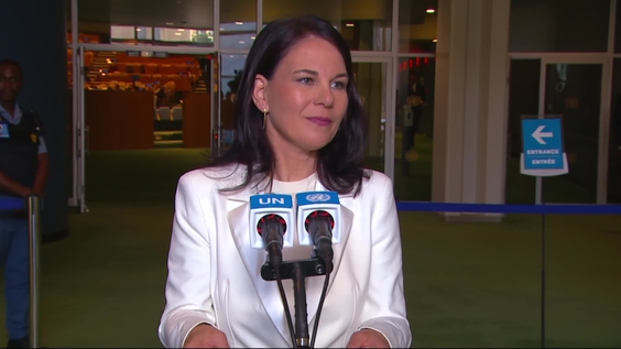 Annalena Baerbock (General Assembly President-Elect) following the General Assembly PGA80 election plenary - General Assembly Media Stakeout