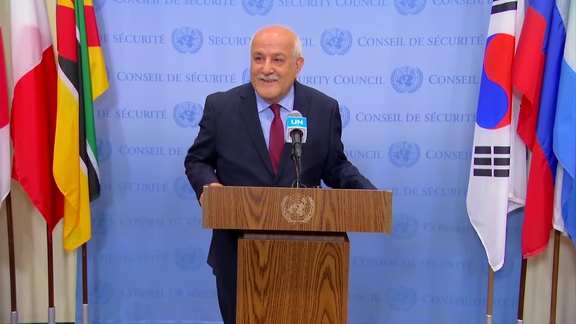 Riyad Mansour (Palestine) on the Security Council Resolution on Gaza - Security Council Media Stakeout