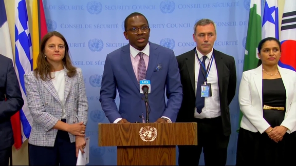 Ambassador Michael Imran Kanu, Permanent Representative of Sierra Leone and Ambassador Sandra Jensen Landi, Deputy Permanent Representative of Denmark - Joint Security Council Media Stakeout