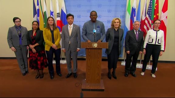 Michael Imran Kanu (Sierra Leone/Security Council President) on behalf of the Women, Peace and Security, Shared Commitments Holders - Joint Security Council Media Stakeout