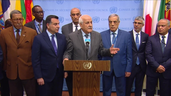 Riyad Mansour (Palestine) Accompanied by Ambassadors from other Member States- Media Stakeout