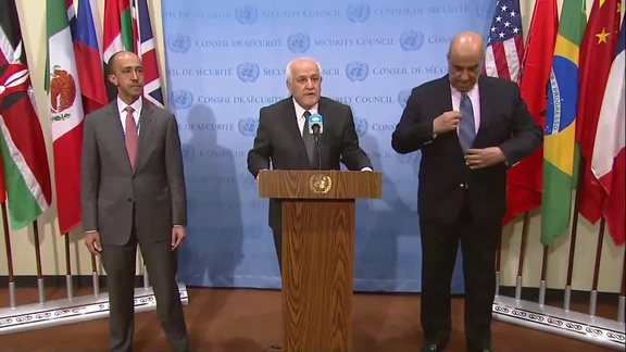 Riyad Mansour (Palestine) on behalf of the Arab Group  the League of Arab States on the killing of  Al-Jazeera's reporter in the occupied West Bank - Security Council Media Stakeout
