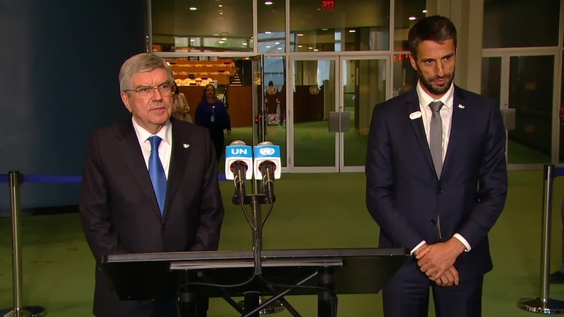 General Assembly Joint Media Stakeout: IOC President Thomas Bach and Paris 2024 President Tony Estanguet on the Olympic Truth resolution