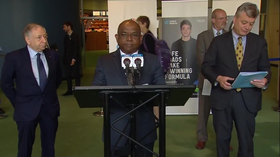 GA President Abdulla Shahid, Special Envoy Jean Todt, and Stewart Simonson (WHO) on global road safety - General Assembly Stakeout