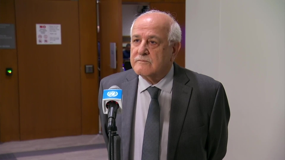 Riyad Mansour (Palestine) after an Emergency Ambassadorial-level meeting of the Arab Group on the lawsuit filed by South Africa against Israel