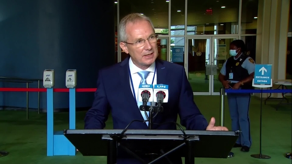 Csaba Kőrösi, President-elect of the 77th session of the UNGA - General Assembly Media Stakeout
