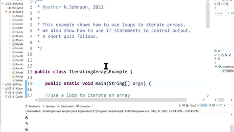 Thumbnail for edited- CS130-ON Module 4 Video 6 Iterating Arrays Example Kaltura Capture recording - May 17th 2021, 2:52:19 pm