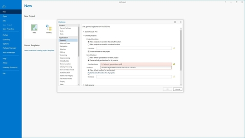 Thumbnail for Designate a default geodatabase and toolbox for new projects in ArcGIS Pro