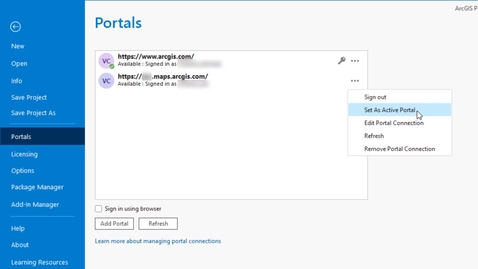 Thumbnail for Manage portal connections in ArcGIS Pro