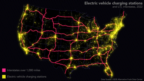 Thumbnail for Animated Maps: Electric Vehicle Charging Stations and U.S. Interstates, 2022