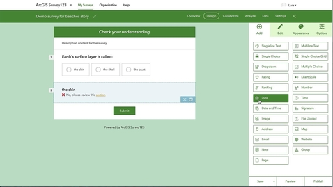 Thumbnail for How to Add an ArcGIS Survey123 Student Self-Check Quiz into an ArcGIS StoryMap 