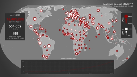 Thumbnail for entry Animated Maps: Confirmed Cases of COVID-19 from January 22 to July 27 (4K)