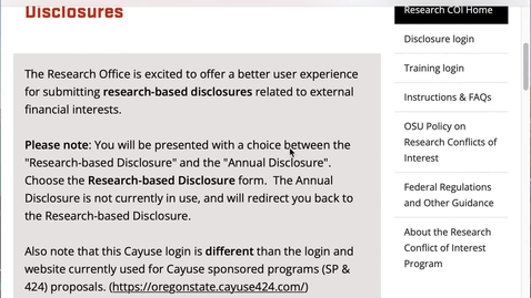 Thumbnail for How to login and start a Research-based Disclosure in Cayuse