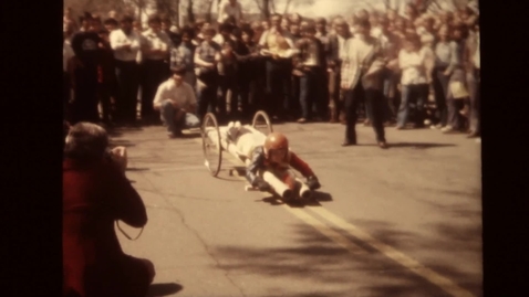 Thumbnail for entry &quot;Recycled Racers&quot; rolling past the Kerr Library, April 10, 1975