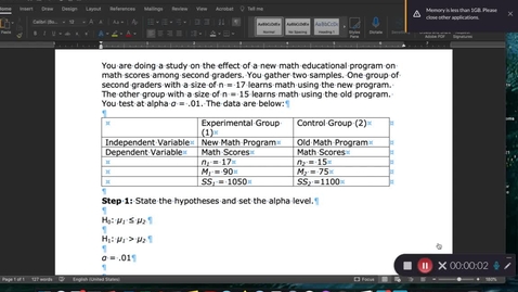 Thumbnail for entry Chapter 10: Independent-Measures t-test: One Tail Example