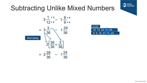 Thumbnail for Subtracting Unlike Fractions &amp; Mixed Numbers