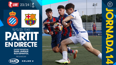 Thumbnail for entry 🔴 LIVE | ⚽️ Juvenil A 🆚 FC Barcelona | J14 | Divisió d’honor juvenil | #EspanyolMEDIA