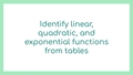 Thumbnail for Identify linear, quadratic, and exponential functions from tables video