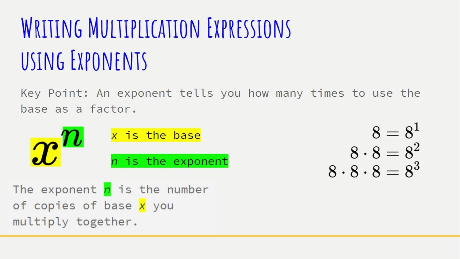 Write multiplication expressions using exponents