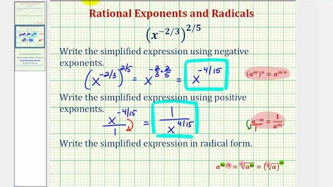 Thumbnail for Simplify an Expression with Negative Rational Exponents and Write in Radical Form