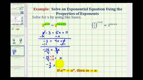 Thumbnail for Ex 3-Solve Exponential Equations Using Like Bases - No Logarithms