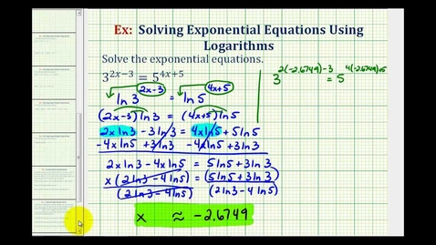 Thumbnail for Ex 5:  Solve Exponential Equations with Two Exponential Parts Using Logarithms