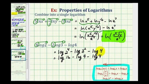 Thumbnail for Ex 2-Combine a Logarithmic Expression Into One Logarithm