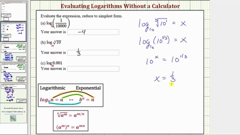 Thumbnail for Ex: Evaluate Logarithmic Expressions without a Calculator - Common Log