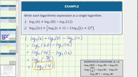 Thumbnail for Combine Logarithms Using Properties of Logarithms