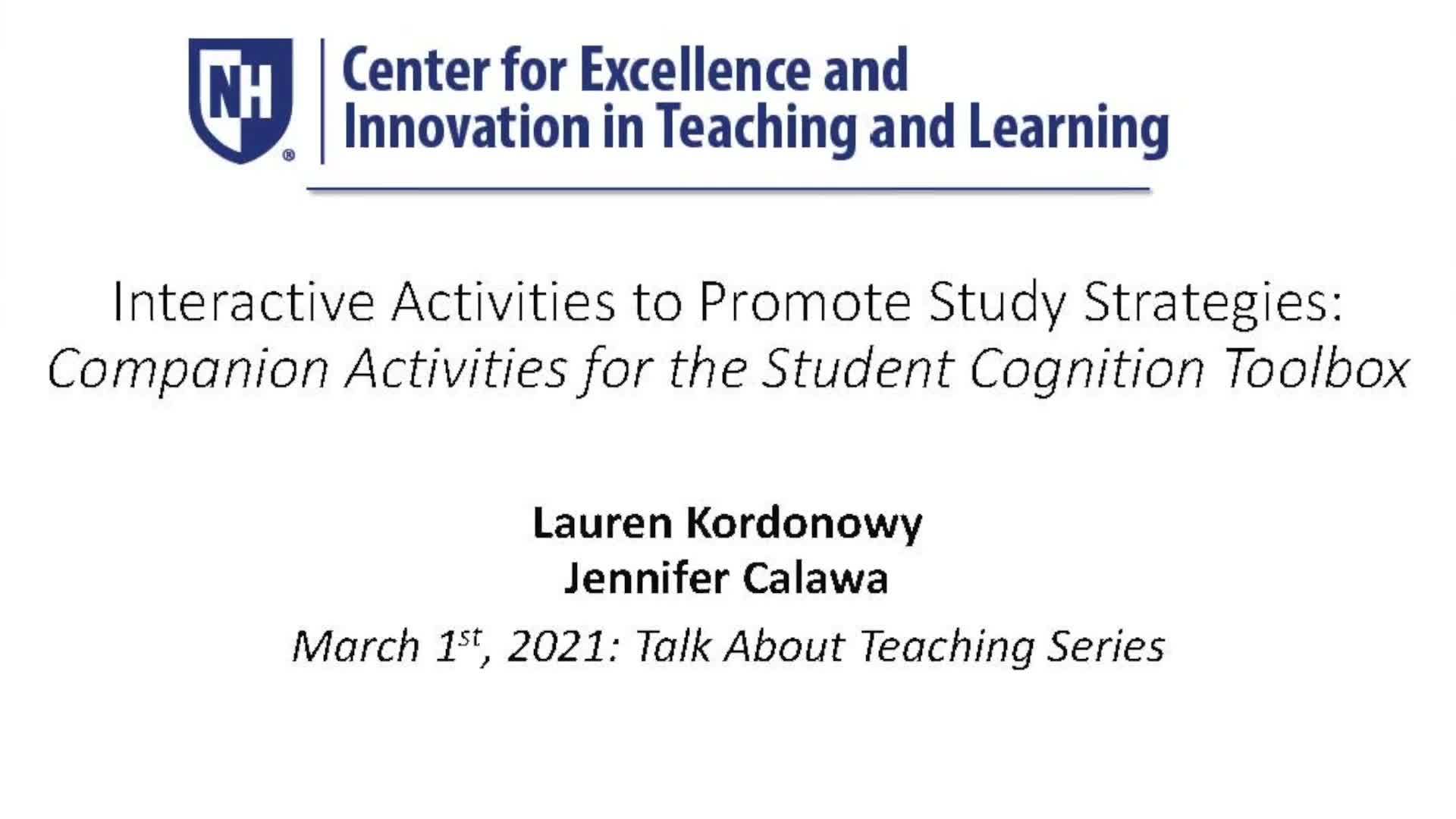 Interactive Activities to Promote Study Strategies: Companion Activities  for the Student Cognition Toolbox. 3/1/2021 - UNH Media