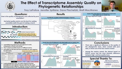 Thumbnail for entry #92 | Troy LaPolice | The Effect of Transcriptome Assembly Quality on Phylogenetic Relationships | Biology | Matthew MacManes | Phylogenetics, Phylogenomics, Transcriptomics, Bioinformatics, Genomics