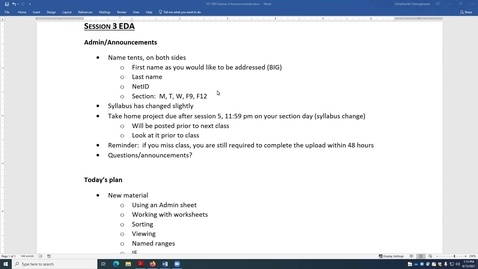 Thumbnail for entry F21 EDA Session 3:  Excel more customized formatting, sorting, working with multiple worksheets, little start on an IF