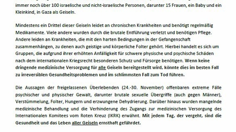 Thumbnail for Es bestehen dringende gesundheitliche Bedenken hinsichtlich aller Geiseln, die vor drei Monaten nach Gaza entführt wurden