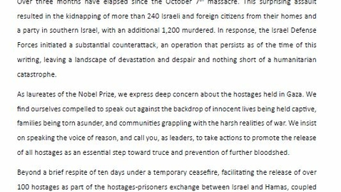 Thumbnail for Nobel Laureates Letter - Urgent Appeal for Medical Help to the Kidnapped Hostages - with Signatures