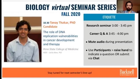 Thumbnail for Biology Seminar Series Fall 2020: 10.30 Tanay Thakar transcription + cancer