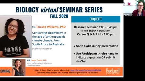Thumbnail for Biology Seminar Series Fall 2020: 9.4 Tanisha Williams biodiversity + climate change