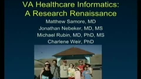 Thumbnail for V.A. Healthcare Informatics Research | Matthew H. Samore, M.D. Jonathan Nebeker, M.D. Michael A. Rubin and Charlene R. Weir, PhD. informaticians at the Veterans Administration in Salt Lake City | 2009-11-19