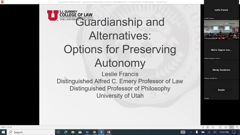 Thumbnail for &quot;Guardianship and Alternatives: Options for Preserving Autonomy. &quot; presented by Leslie P. Francis, PhD, JD (11/01/23)
