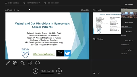 Thumbnail for "Vaginal and Gut Microbiota in Gynecologic Cancer Patients" presented by Deborah Watkins Bruner, RN, PhD, FAAN (09/27/23)