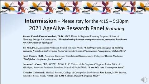 Thumbnail for 2021 MSU AgeAlive Annual Forum: Aging-Related Research Gems Panel